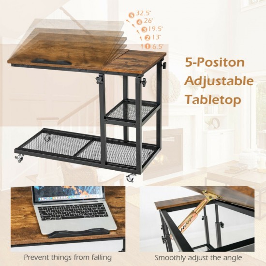 Honhorrs C-Shaped Laptop Side Table: Adjustable Height, Tilting Top, Wire Shelves and Locking Wheels