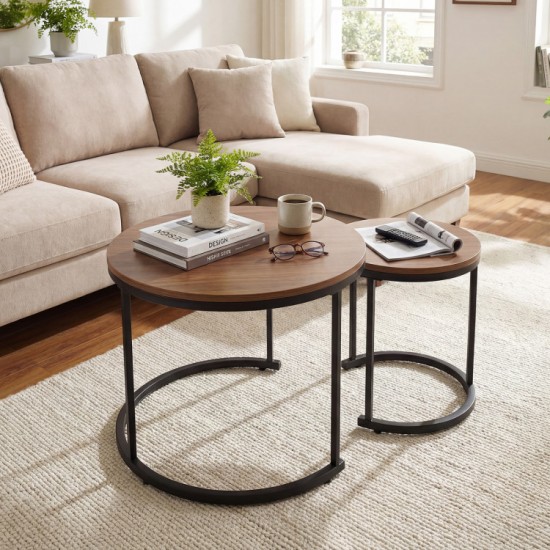 Honhorrs Round Nesting Coffee Tables, Set of Two with Powder-Coated Frames and Adjustable Foot Pads