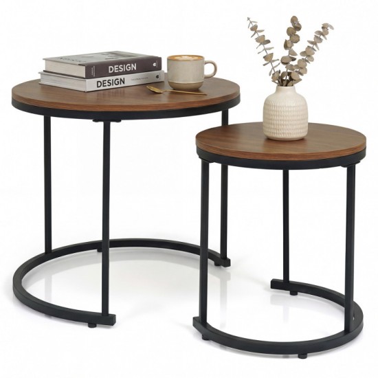 Honhorrs Round Nesting Coffee Tables, Set of Two with Powder-Coated Frames and Adjustable Foot Pads