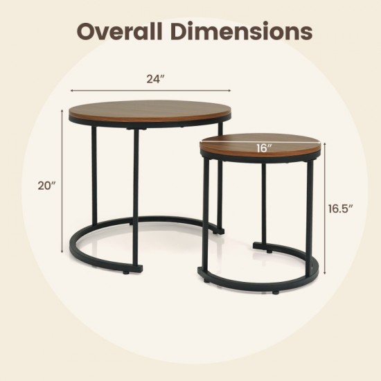 Honhorrs Round Nesting Coffee Tables, Set of Two with Powder-Coated Frames and Adjustable Foot Pads