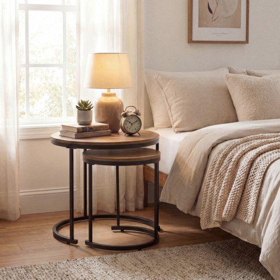 Honhorrs Round Nesting Coffee Tables, Set of Two with Powder-Coated Frames and Adjustable Foot Pads