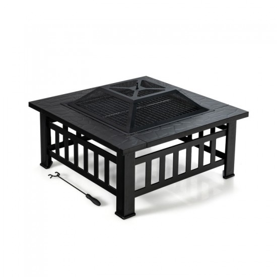 Honhorrs 32-Inch Square Steel Fire Pit, Grill and Ice Bowl with Spark Screen, Poker and Rain Cover