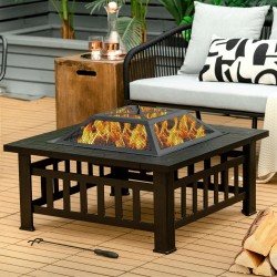 Honhorrs 32-Inch Square Steel Fire Pit, Grill and Ice Bowl with Spark Screen, Poker and Rain Cover