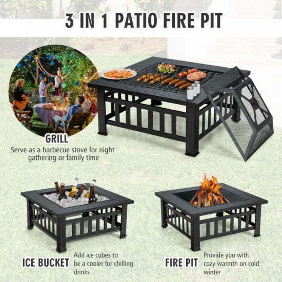 Honhorrs 32-Inch Square Steel Fire Pit, Grill and Ice Bowl with Spark Screen, Poker and Rain Cover
