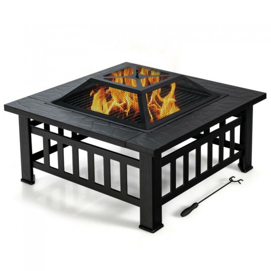Honhorrs 32-Inch Square Steel Fire Pit, Grill and Ice Bowl with Spark Screen, Poker and Rain Cover