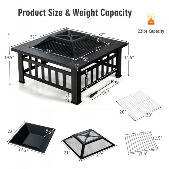 Honhorrs 32-Inch Square Steel Fire Pit, Grill and Ice Bowl with Spark Screen, Poker and Rain Cover