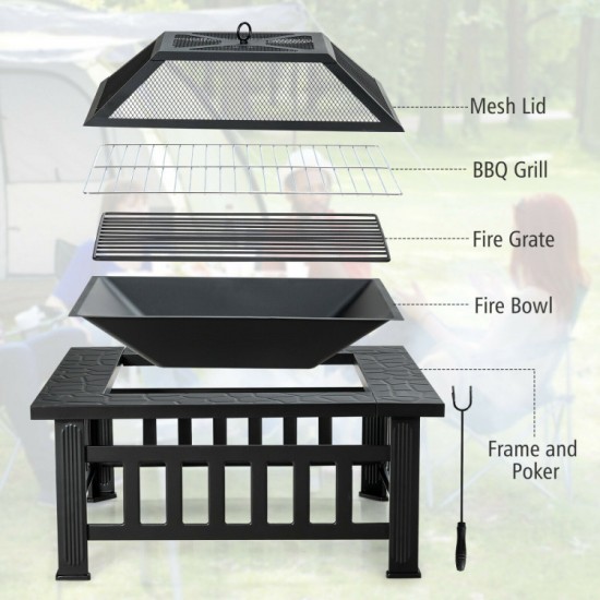 Honhorrs 32-Inch Square Steel Fire Pit, Grill and Ice Bowl with Spark Screen, Poker and Rain Cover