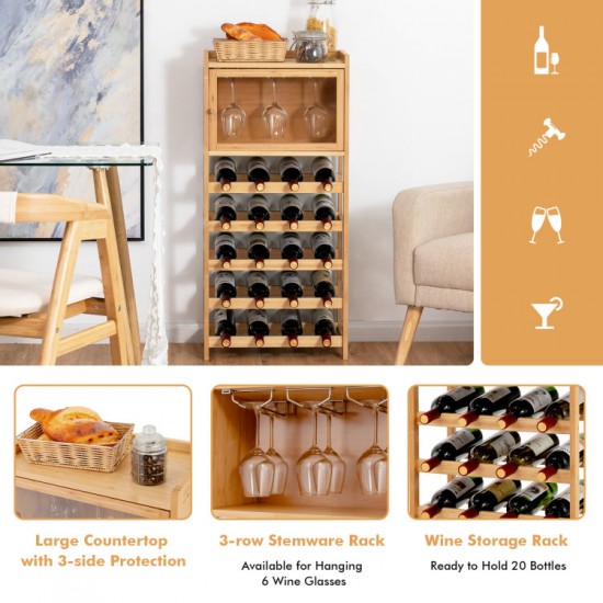 Honhorrs Bamboo Wine Cabinet — Twenty-Bottle Rack, Clear Acrylic Door and Three Stemware Hangers
