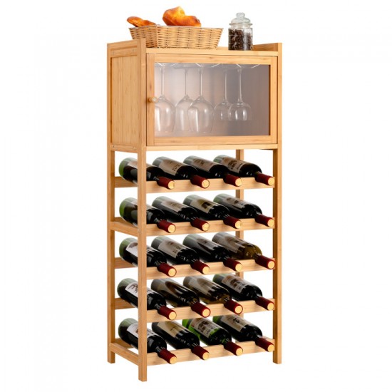 Honhorrs Bamboo Wine Cabinet — Twenty-Bottle Rack, Clear Acrylic Door and Three Stemware Hangers