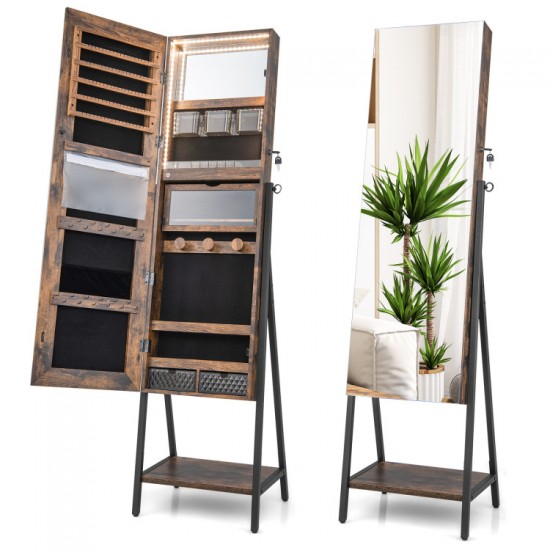 Honhorrs Freestanding Mirror Jewelry Cabinet, Three-Color Interior Lights and Fold-Out Makeup Shelf