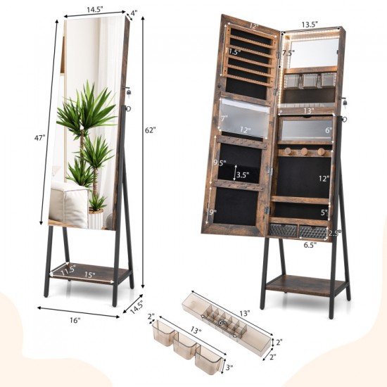 Honhorrs Freestanding Mirror Jewelry Cabinet, Three-Color Interior Lights and Fold-Out Makeup Shelf