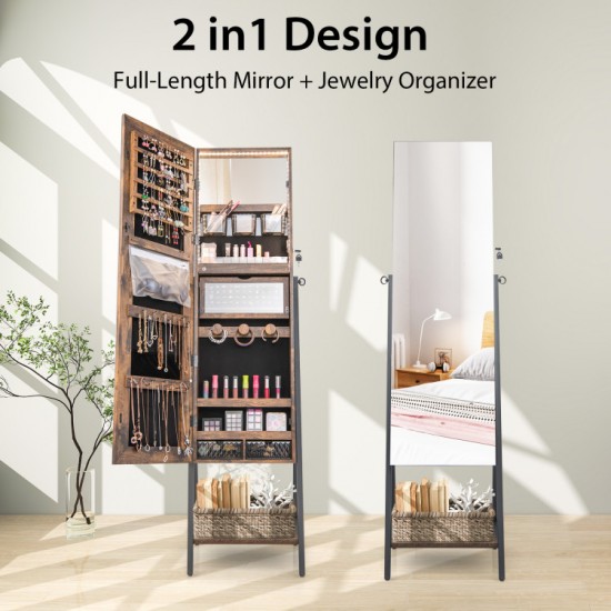 Honhorrs Freestanding Mirror Jewelry Cabinet, Three-Color Interior Lights and Fold-Out Makeup Shelf