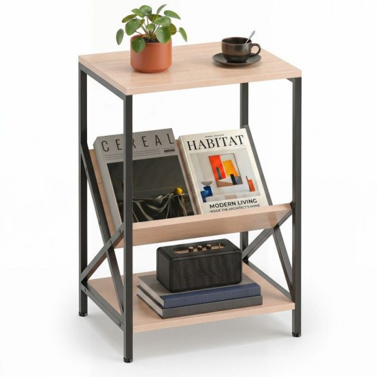 Honhorrs Three-Tier Industrial Side Table, V-Shaped Book Shelf with Steel Frame and Adjustable Feet