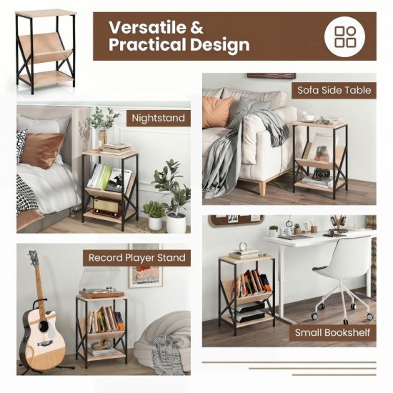 Honhorrs Three-Tier Industrial Side Table, V-Shaped Book Shelf with Steel Frame and Adjustable Feet