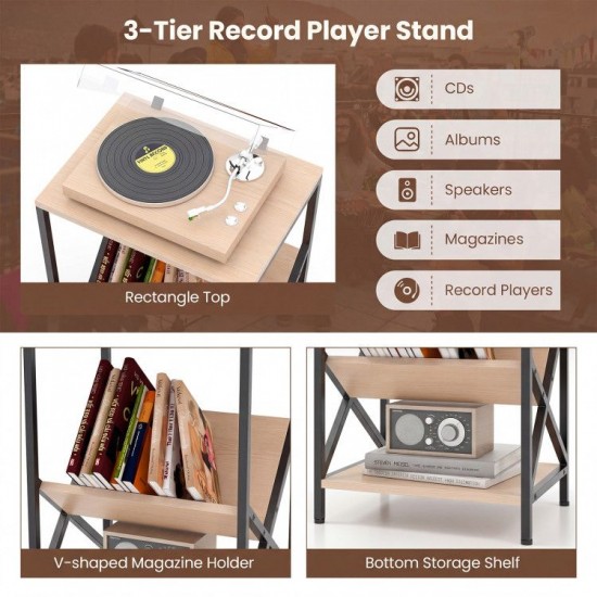 Honhorrs Three-Tier Industrial Side Table, V-Shaped Book Shelf with Steel Frame and Adjustable Feet