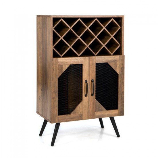 Honhorrs Wine Bar Cabinet, Removable 11-Bottle Rack with Hanging Glass Storage and Metal Mesh Doors