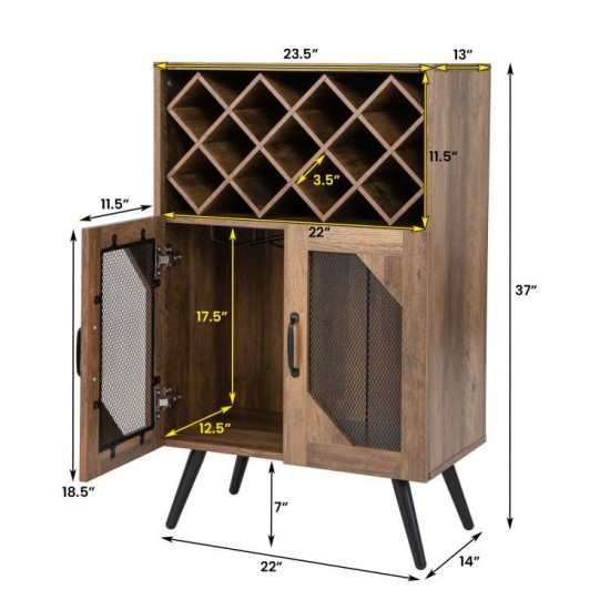 Honhorrs Wine Bar Cabinet, Removable 11-Bottle Rack with Hanging Glass Storage and Metal Mesh Doors