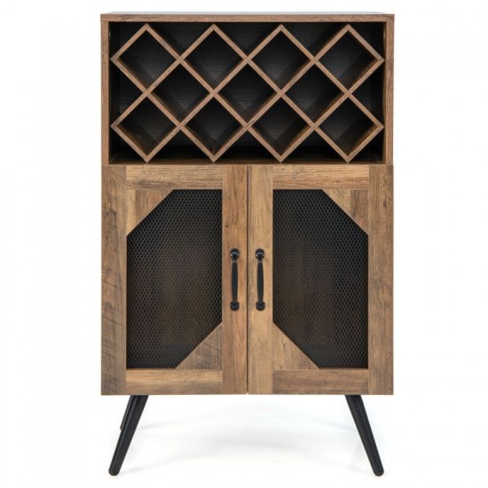 Honhorrs Wine Bar Cabinet, Removable 11-Bottle Rack with Hanging Glass Storage and Metal Mesh Doors