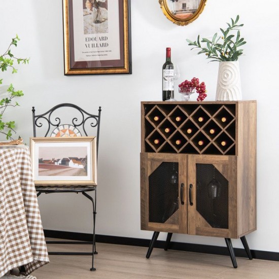 Honhorrs Wine Bar Cabinet, Removable 11-Bottle Rack with Hanging Glass Storage and Metal Mesh Doors