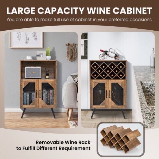 Honhorrs Wine Bar Cabinet, Removable 11-Bottle Rack with Hanging Glass Storage and Metal Mesh Doors