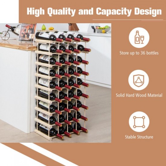 Honhorrs 36-Bottle Stackable Wooden Wine Rack with Modular Sections and Curved Bottle Supports