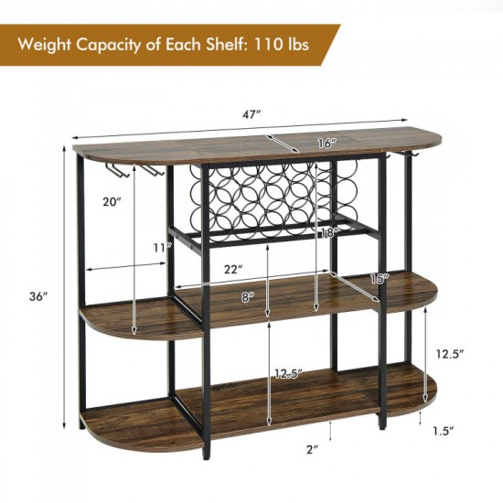 Honhorrs 47-Inch Wine Storage Table with 18-Bottle Rack, 8-Glass Holders and Adjustable Feet