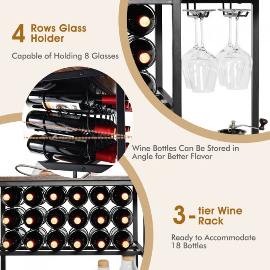 Honhorrs 47-Inch Wine Storage Table with 18-Bottle Rack, 8-Glass Holders and Adjustable Feet