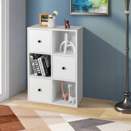 Honhorrs Alternating-Cube Bookcase, Three Drawers and Three Open Compartments with Wall-Anchor Kit