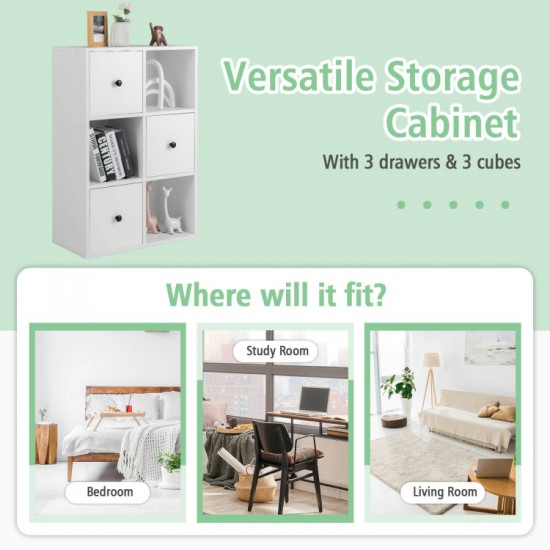 Honhorrs Alternating-Cube Bookcase, Three Drawers and Three Open Compartments with Wall-Anchor Kit