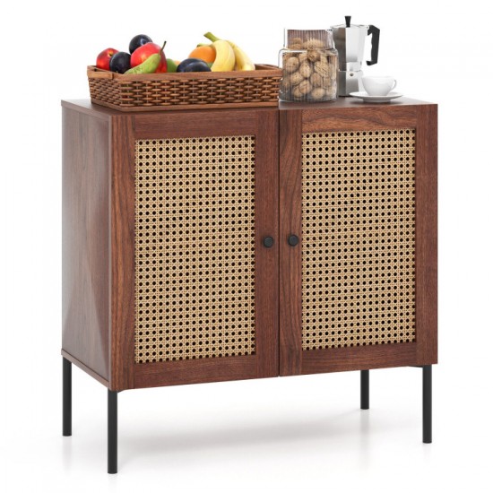 Honhorrs Two-Door Rattan-Look Sideboard with PU-Paper Door Finish, Adjustable Shelf and Metal Legs