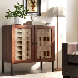XVX Two-Door Rattan-Look Sideboard with PU-Paper Door Finish, Adjustable Shelf and Metal Legs