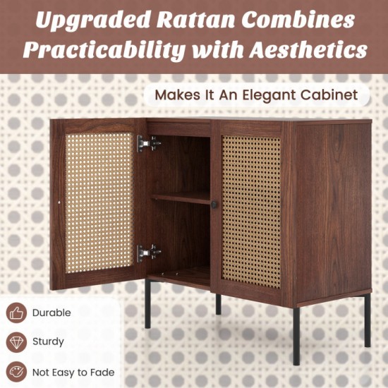 Honhorrs Two-Door Rattan-Look Sideboard with PU-Paper Door Finish, Adjustable Shelf and Metal Legs