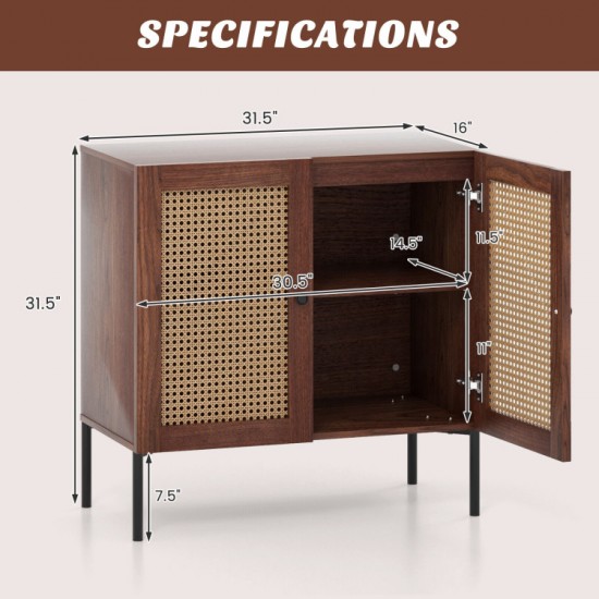 Honhorrs Two-Door Rattan-Look Sideboard with PU-Paper Door Finish, Adjustable Shelf and Metal Legs