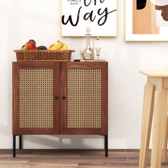 Honhorrs Two-Door Rattan-Look Sideboard with PU-Paper Door Finish, Adjustable Shelf and Metal Legs