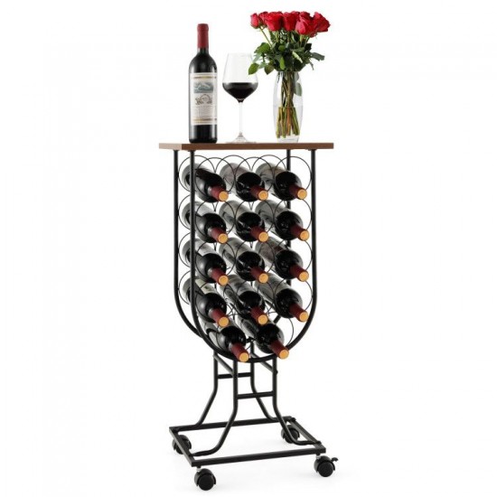 Fourteen-Bottle Wine Rack by Honhorrs with Wooden Serving Top, Detachable Casters and Locking Wheels