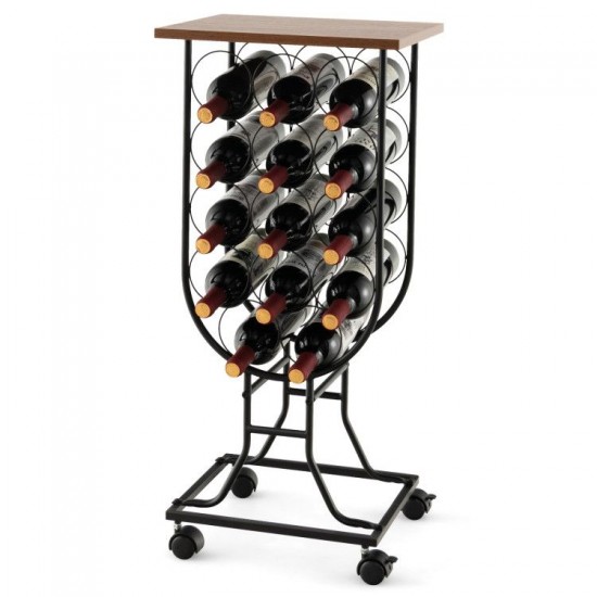 Fourteen-Bottle Wine Rack by Honhorrs with Wooden Serving Top, Detachable Casters and Locking Wheels