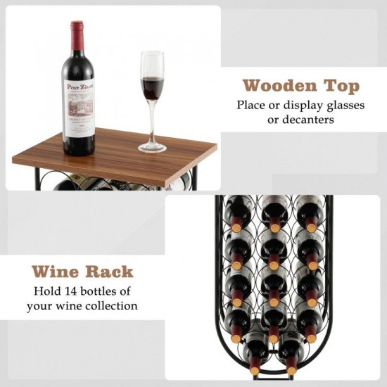Fourteen-Bottle Wine Rack by Honhorrs with Wooden Serving Top, Detachable Casters and Locking Wheels