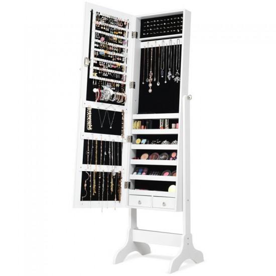 Honhorrs Tilting Mirror Jewelry Armoire, Lockable Storage with Ring Slots, Hooks and Bottom Drawers