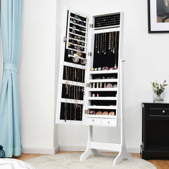 Honhorrs Tilting Mirror Jewelry Armoire, Lockable Storage with Ring Slots, Hooks and Bottom Drawers