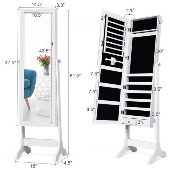 Honhorrs Tilting Mirror Jewelry Armoire, Lockable Storage with Ring Slots, Hooks and Bottom Drawers