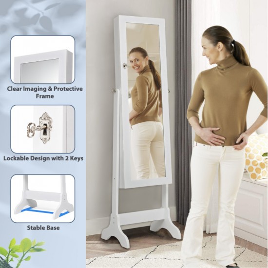 Honhorrs Tilting Mirror Jewelry Armoire, Lockable Storage with Ring Slots, Hooks and Bottom Drawers