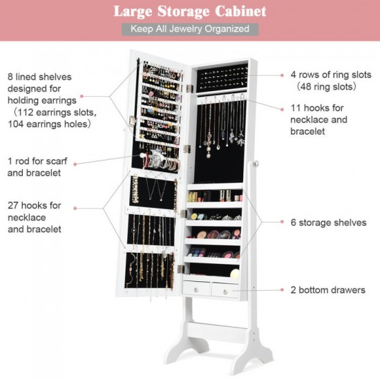 Honhorrs Tilting Mirror Jewelry Armoire, Lockable Storage with Ring Slots, Hooks and Bottom Drawers
