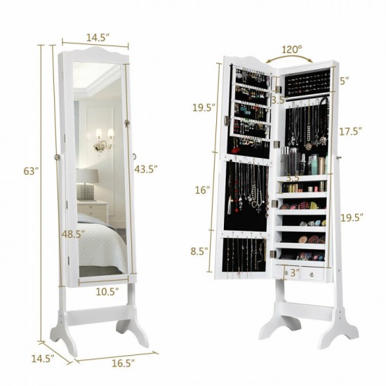 Honhorrs Four-Angle Mirrored Jewelry Armoire, Fourteen LEDs with Ring Storage, Hooks and Two Drawers