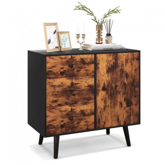 Honhorrs Mid-Century Storage Cabinet, Three Drawers and Two-Level Cupboard with Adjustable Shelf