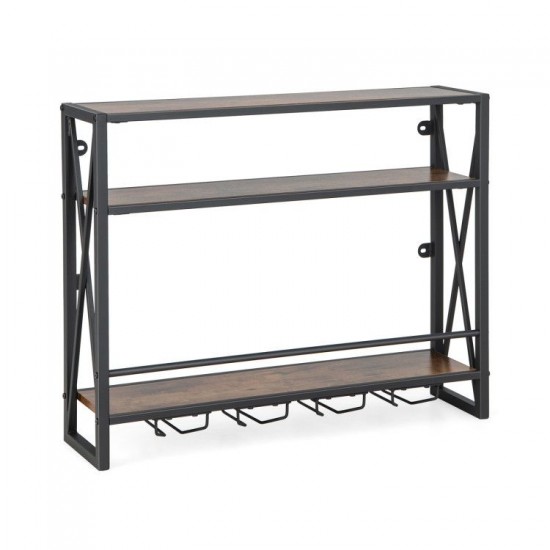Honhorrs 3-Tier Wall-Mounted Wine Storage Shelf with Metal Frame and Holders for up to 16 Glasses