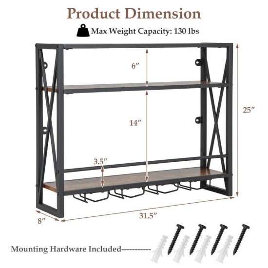 Honhorrs 3-Tier Wall-Mounted Wine Storage Shelf with Metal Frame and Holders for up to 16 Glasses