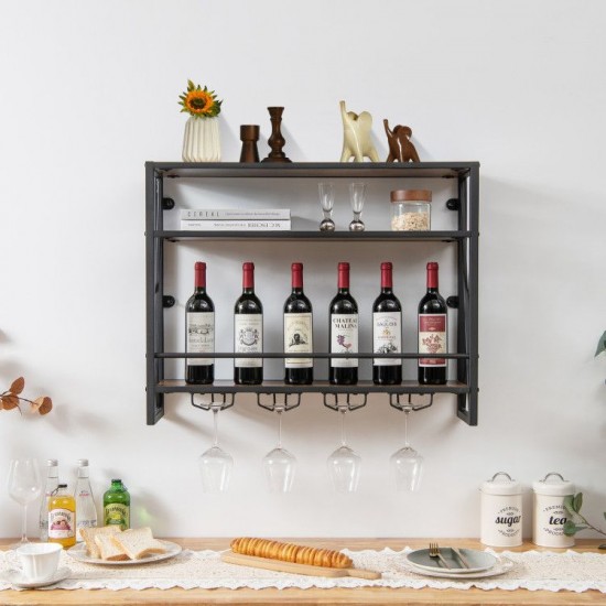 Honhorrs 3-Tier Wall-Mounted Wine Storage Shelf with Metal Frame and Holders for up to 16 Glasses