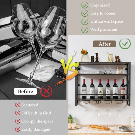 Honhorrs 3-Tier Wall-Mounted Wine Storage Shelf with Metal Frame and Holders for up to 16 Glasses