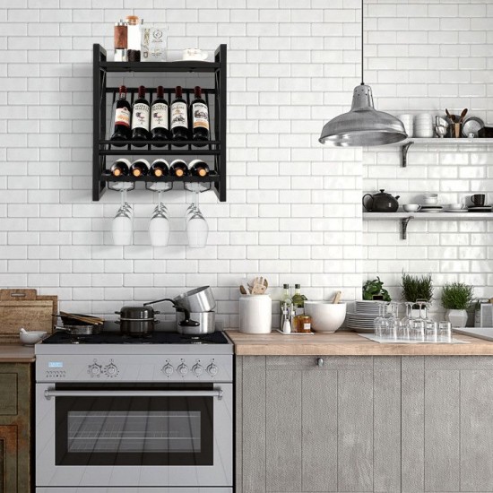 Honhorrs Wall-Mounted 10-Bottle Wine Rack with 2 Storage Tiers and 3 Rows of Stemware Holders