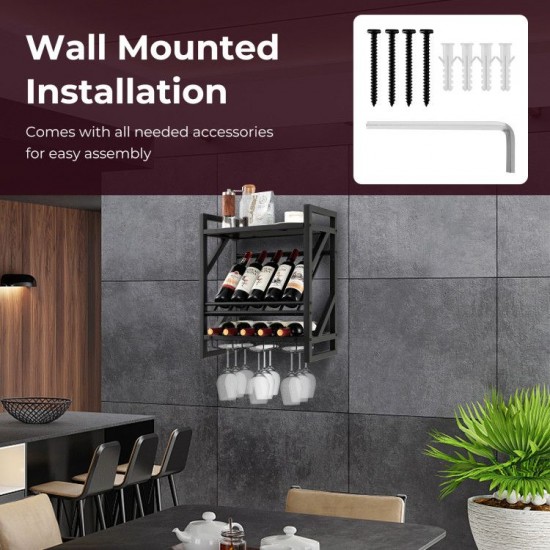 Honhorrs Wall-Mounted 10-Bottle Wine Rack with 2 Storage Tiers and 3 Rows of Stemware Holders